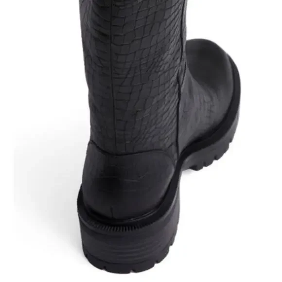 Paige Bella Black Tall/Knee High Boots Sz 9.5 Croc Embossed Leather Lug Sole New